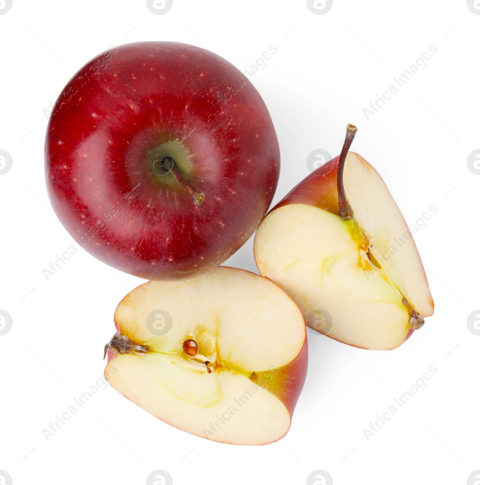 Photo of Whole and cut ripe red apples isolated on white, top view