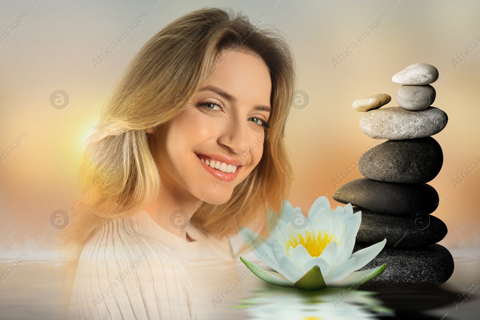 Image of Harmony, balance, mindfulness. Beautiful woman, lotus flower and stack of stones at sunset, double exposure