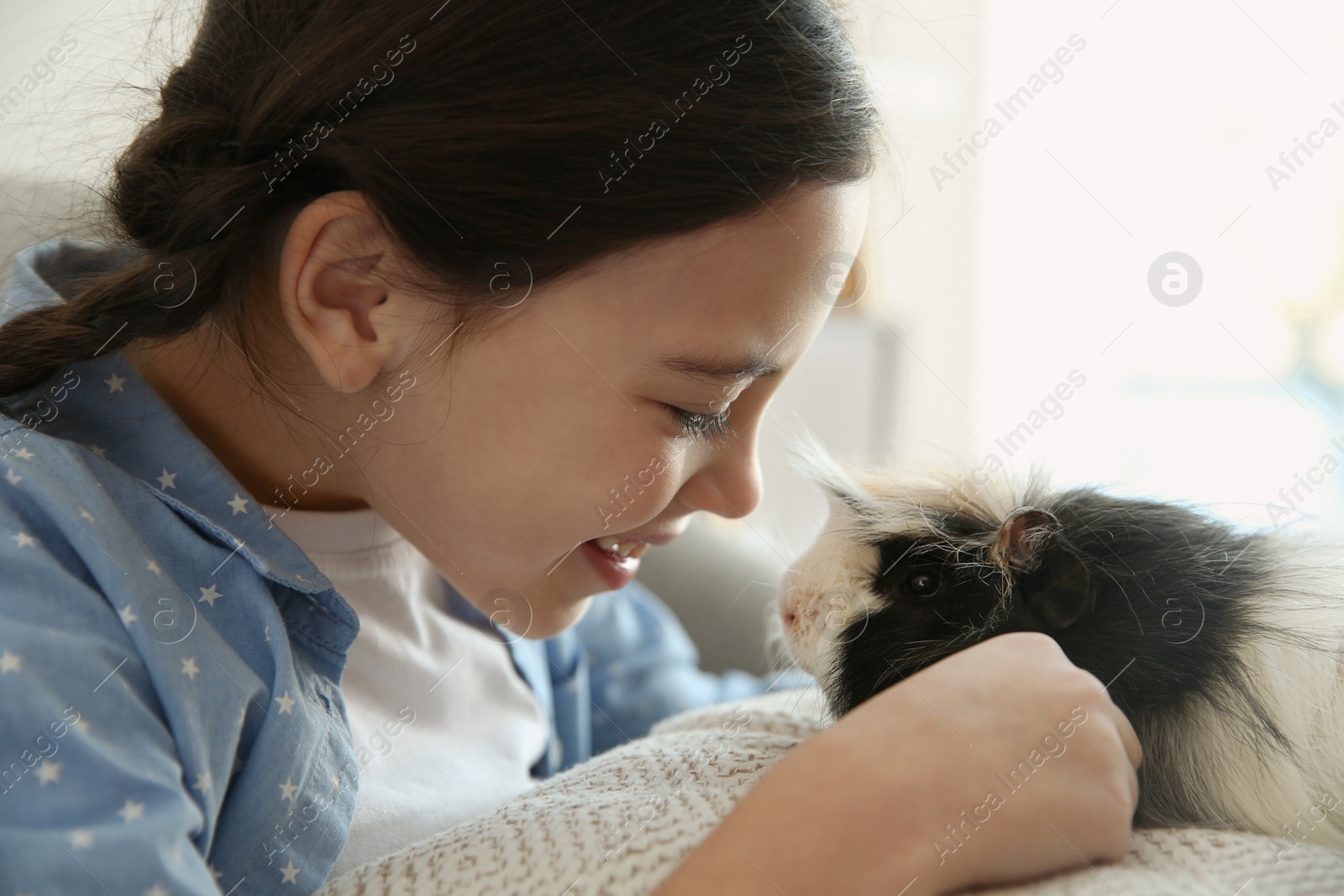 Photo of Happy little girl with guinea pig at home, closeup. Childhood pet