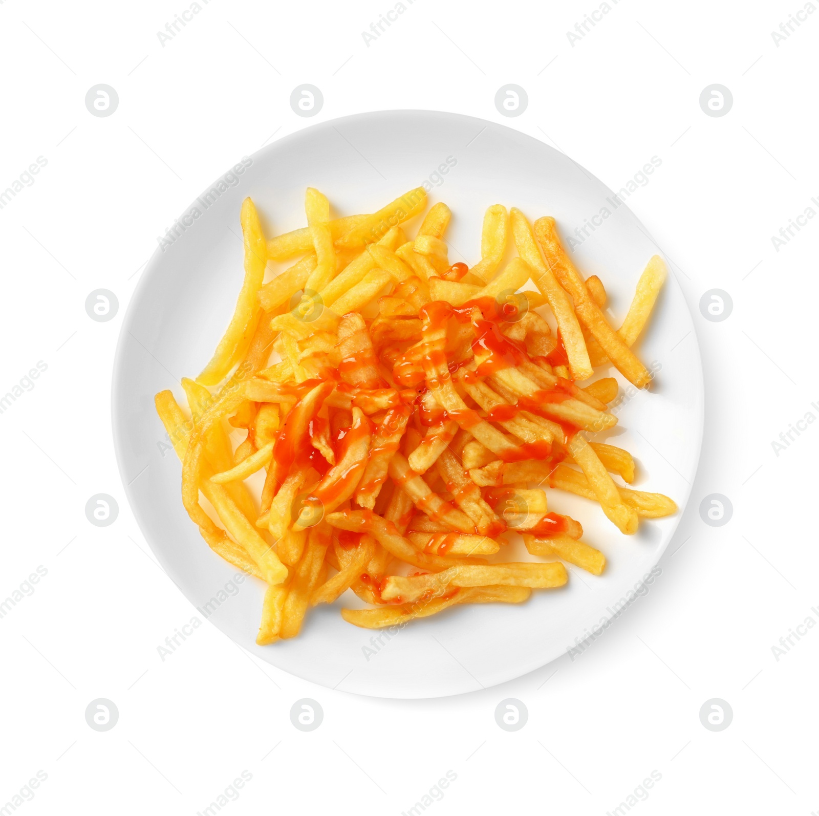 Photo of Tasty french fries with ketchup isolated on white, top view