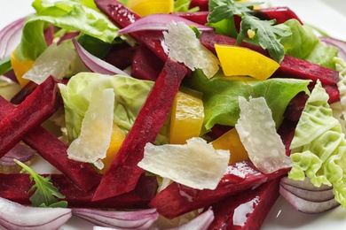 Delicious salad with beet as background, closeup