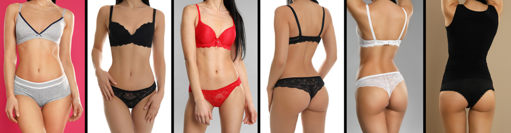 Image of Collage of young woman in underwear on color backgrounds. Banner design 