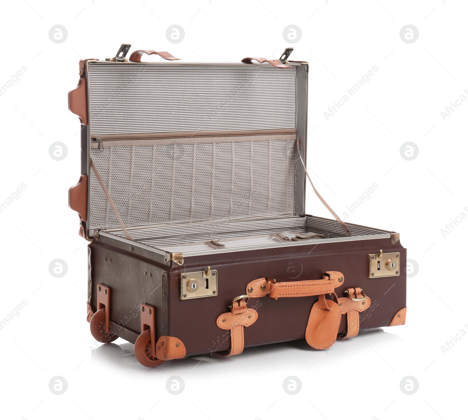 Photo of Open suitcase for travelling on white background