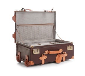 Photo of Open suitcase for travelling on white background