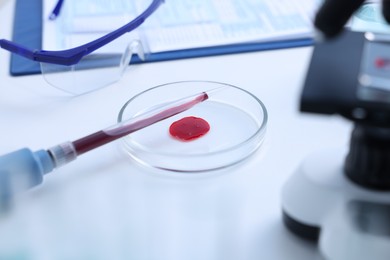 Photo of Dripping blood sample onto Petri dish on white table in laboratory, closeup