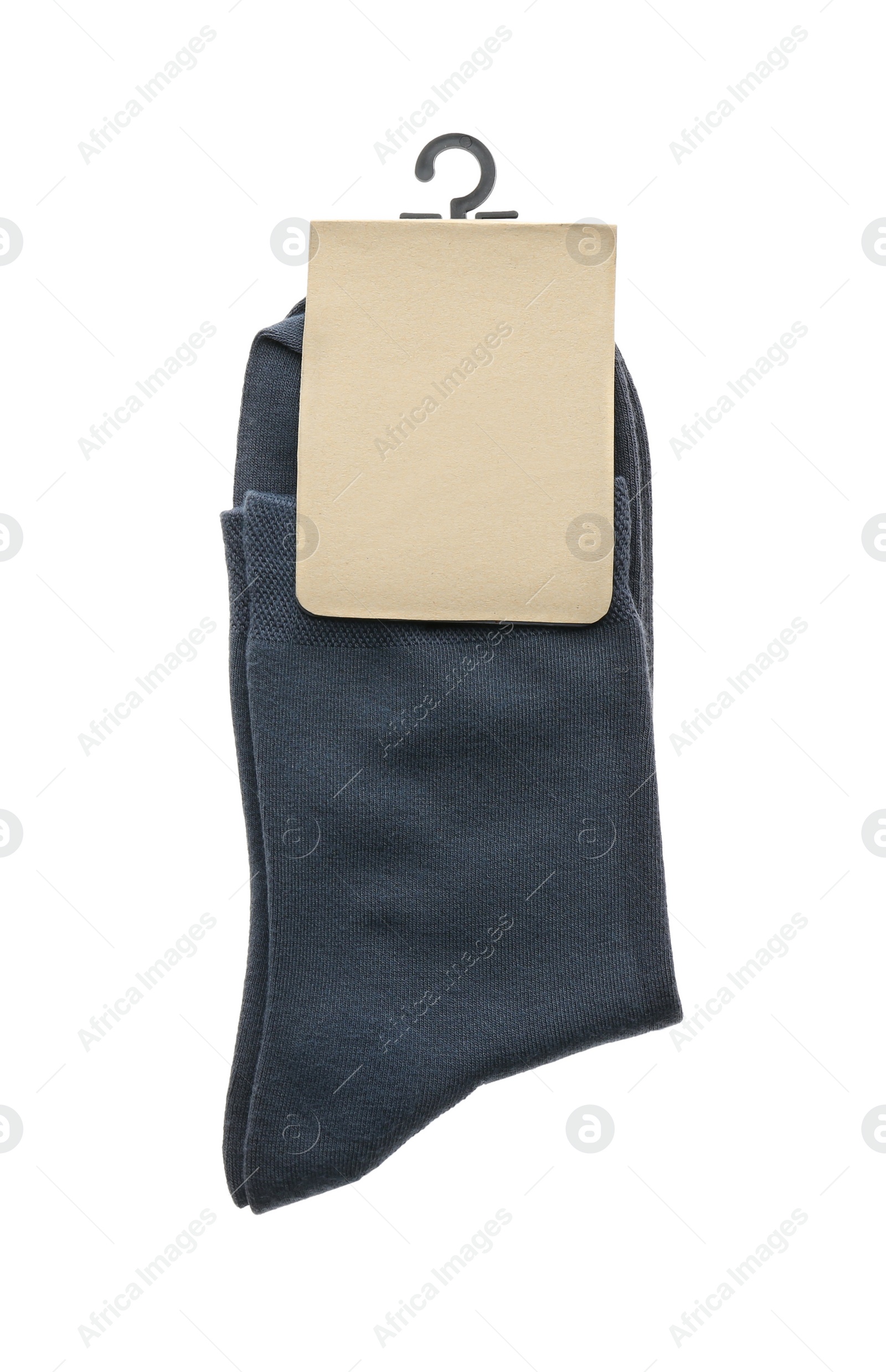 Photo of New pair of dark grey socks on white background