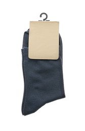 Photo of New pair of dark grey socks on white background