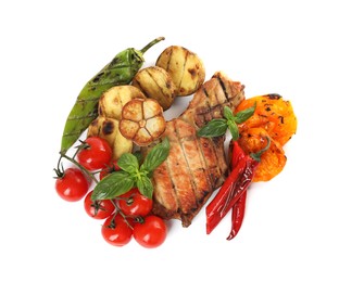 Photo of Tasty grilled vegetables, meat, fresh cherry tomatoes and basil isolated on white, top view