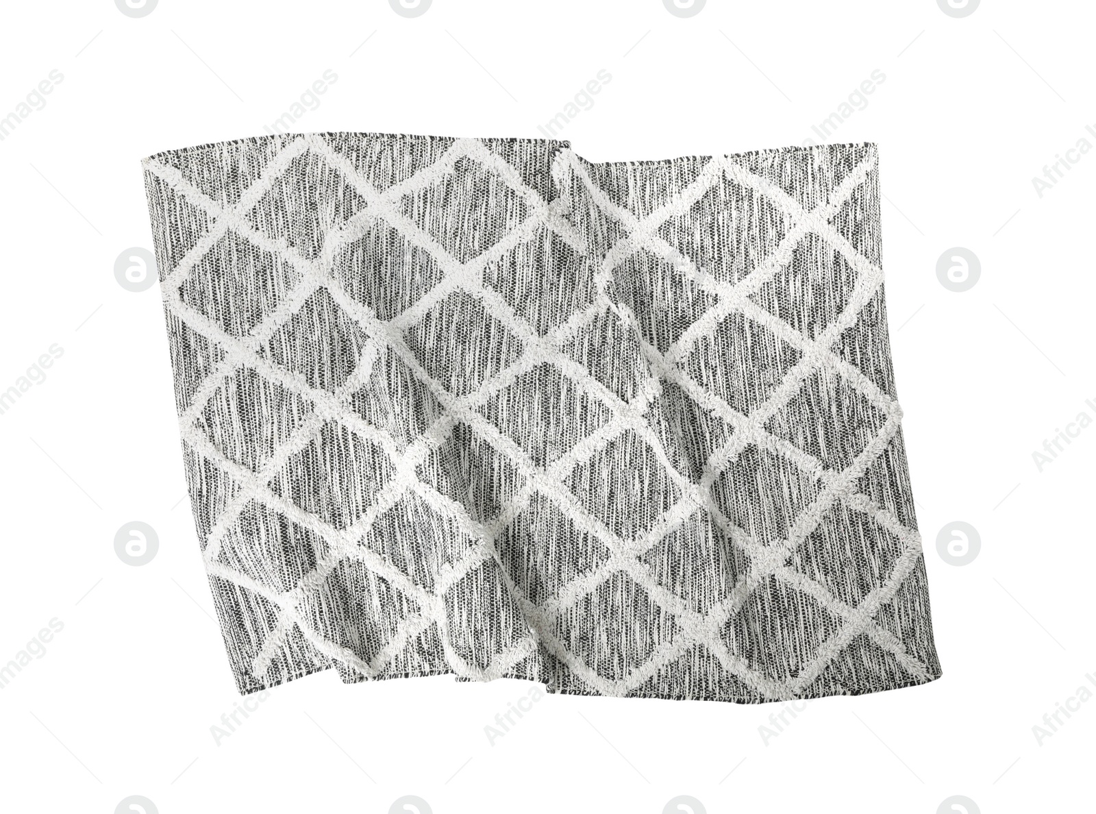 Photo of Stylish grey rug isolated on white, top view. Interior accessory