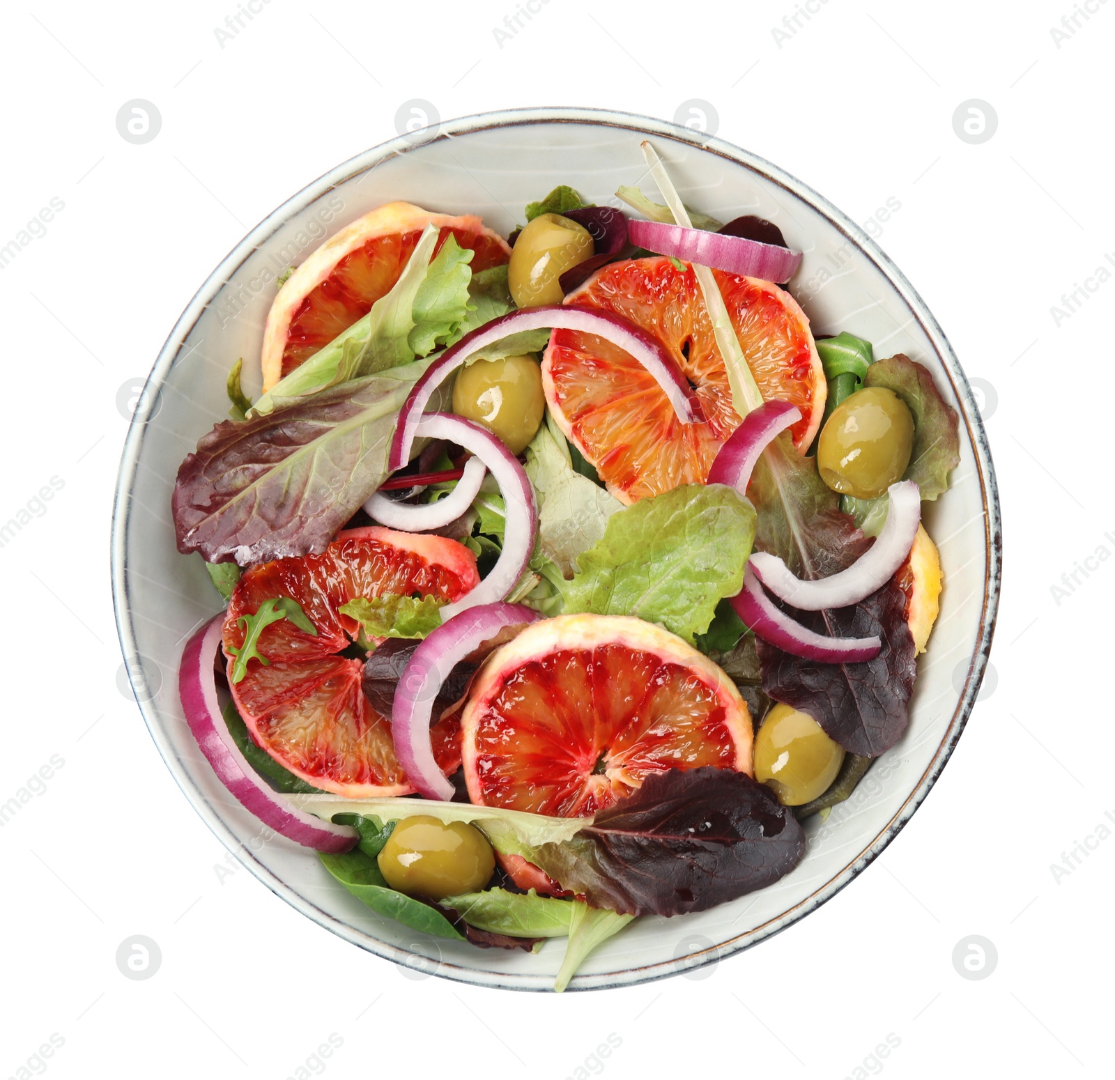 Photo of Bowl of delicious sicilian orange salad isolated on white, top view