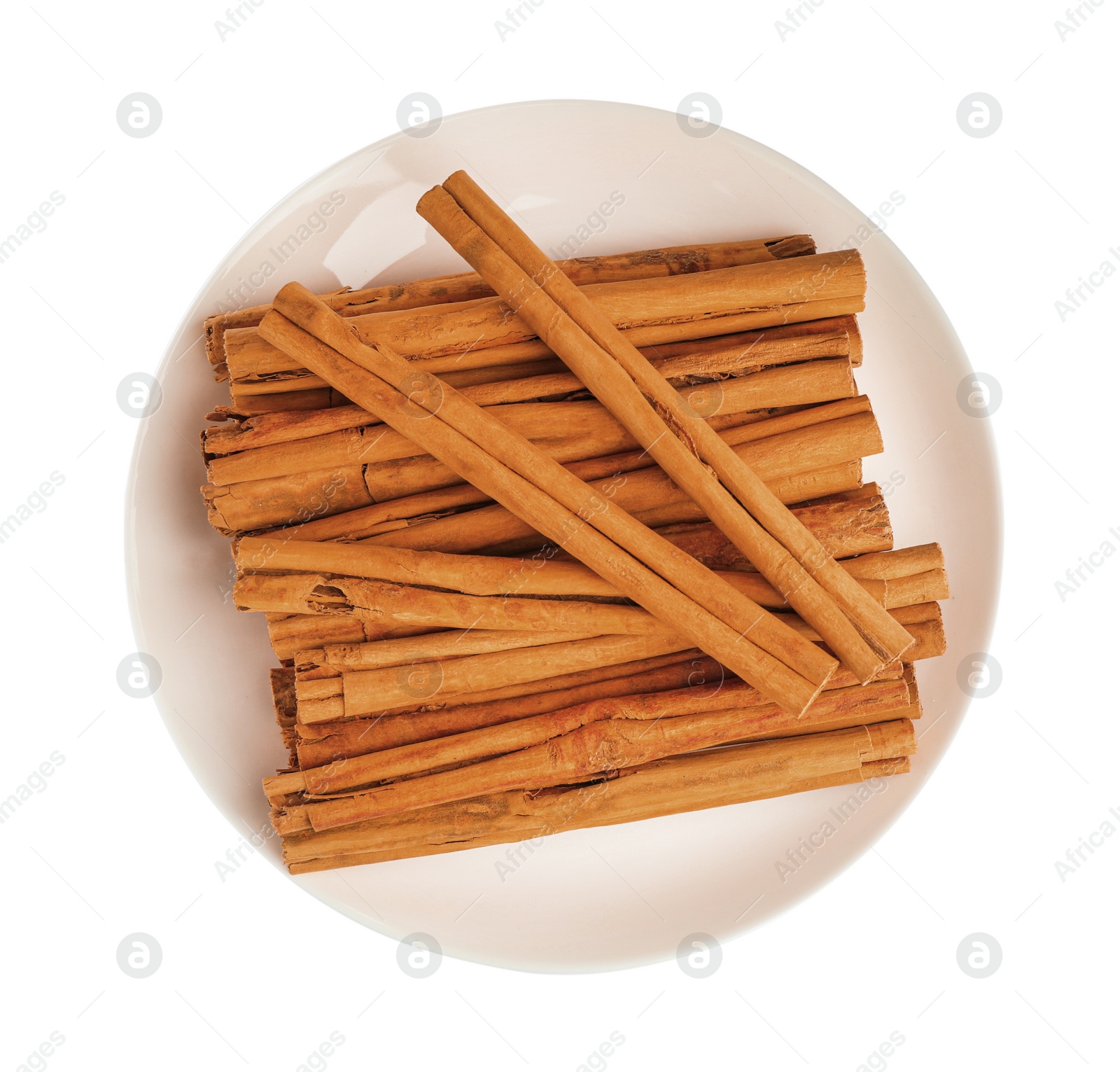 Photo of Aromatic dry cinnamon sticks on white background, top view