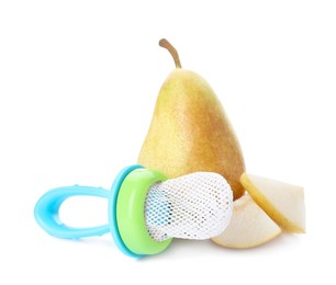 Photo of Empty nibbler and pears on white background. Baby feeder