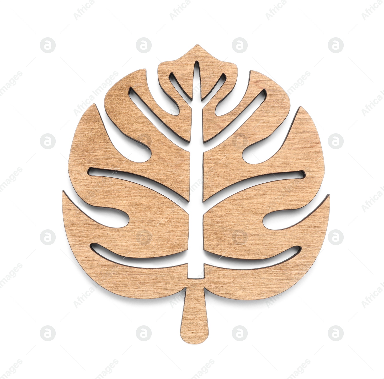 Photo of Leaf shaped wooden cup coaster isolated on white, top view