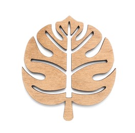 Leaf shaped wooden cup coaster isolated on white, top view