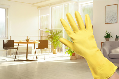 Image of Keep your home virus-free. Woman in glove at clean sunlit room