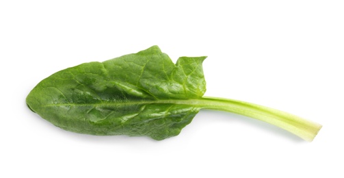 Fresh leaf of spinach isolated on white, top view