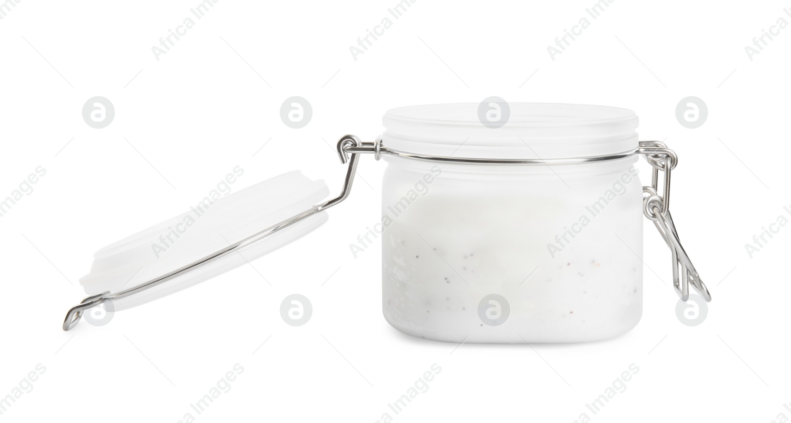 Photo of Open jar of exfoliating salt scrub isolated on white
