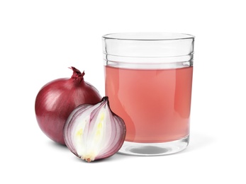 Photo of Glass of onion syrup and fresh ingredient on white background