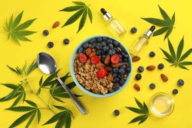 Photo of CBD oil, THC tincture, oatmeal bowl and hemp leaves on yellow background, flat lay