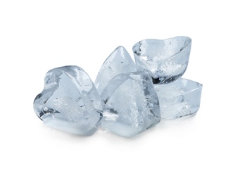Heart shaped ice cubes on white background
