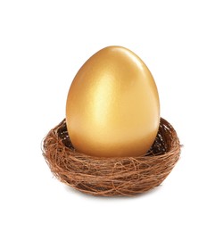 Shiny golden egg in nest on white background