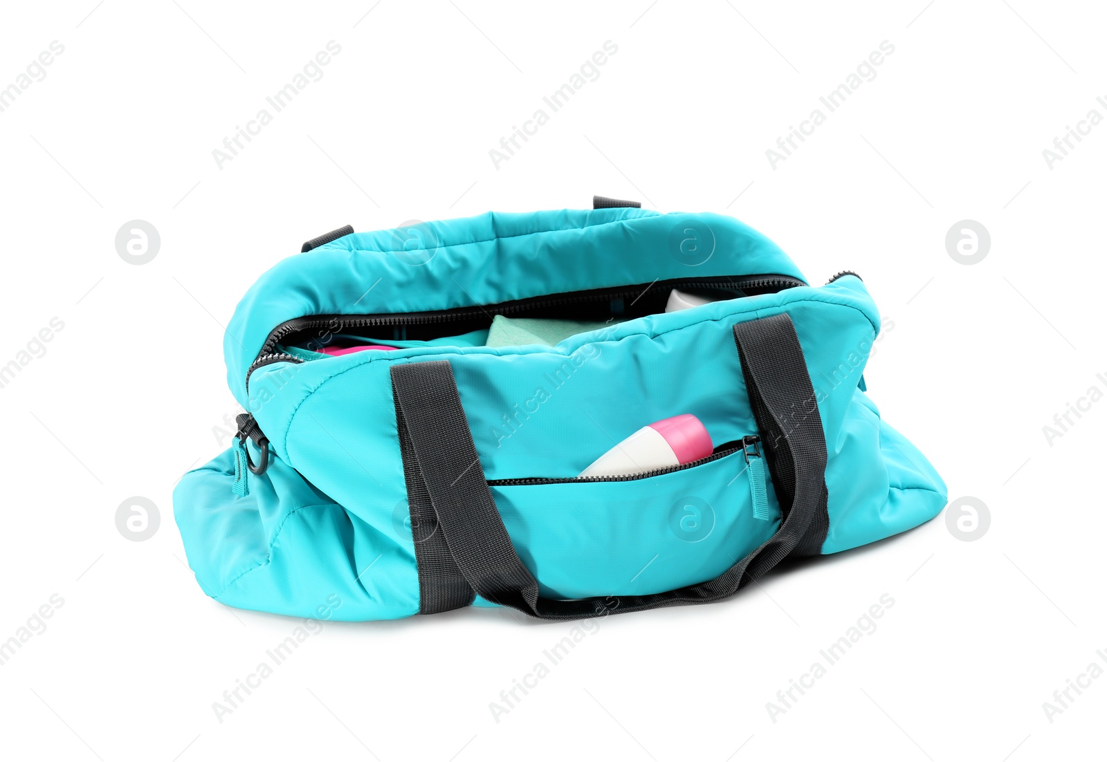 Photo of Sport bag with deodorant on white background