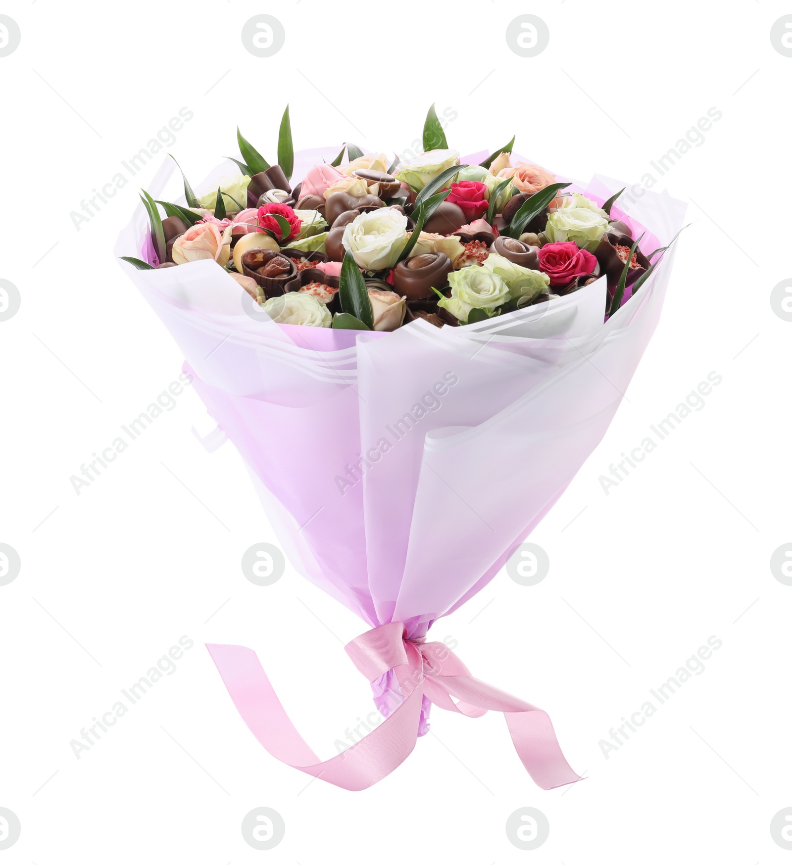 Photo of Beautiful bouquet of flowers and chocolate candies isolated on white