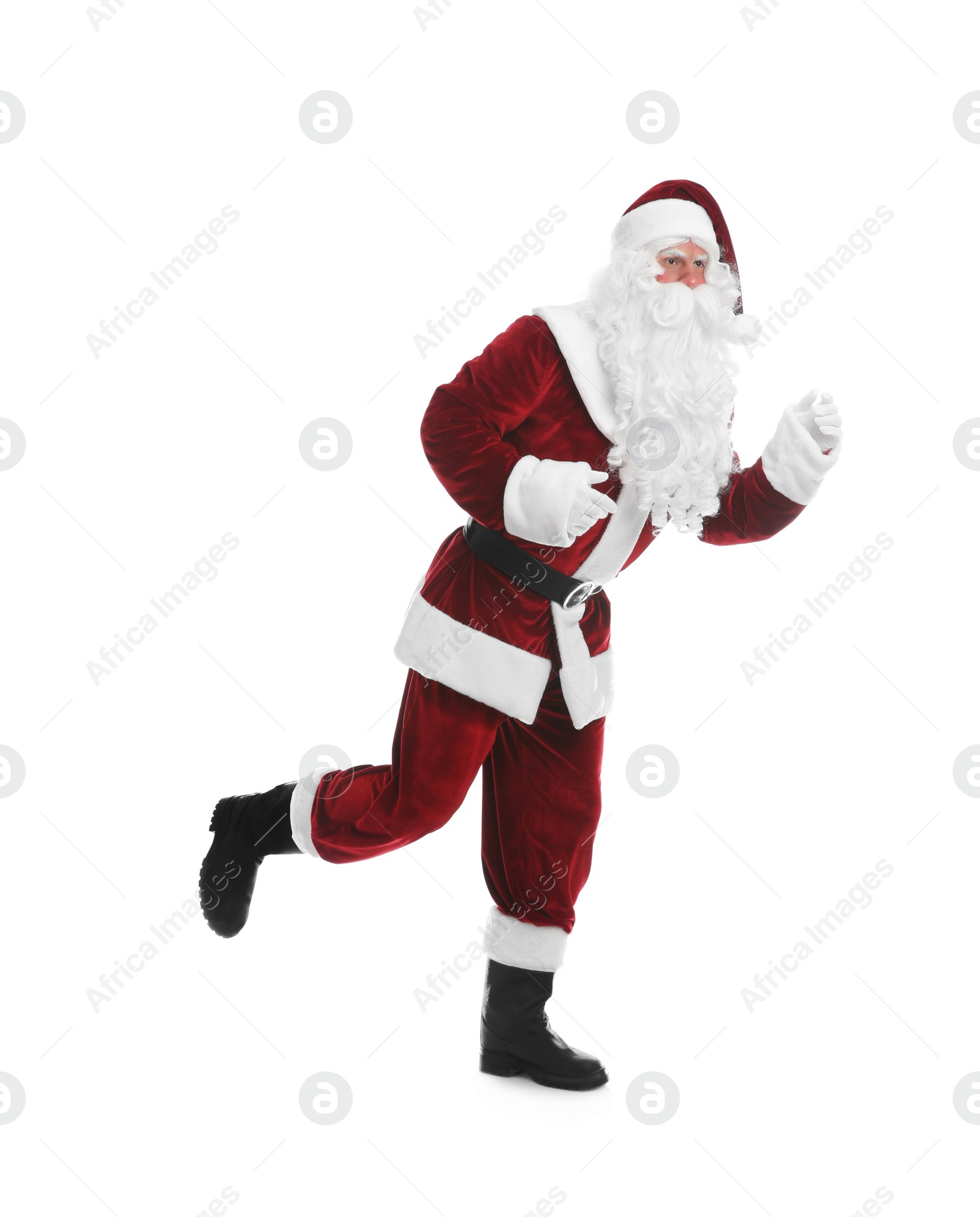 Photo of Santa Claus in costume running on white background