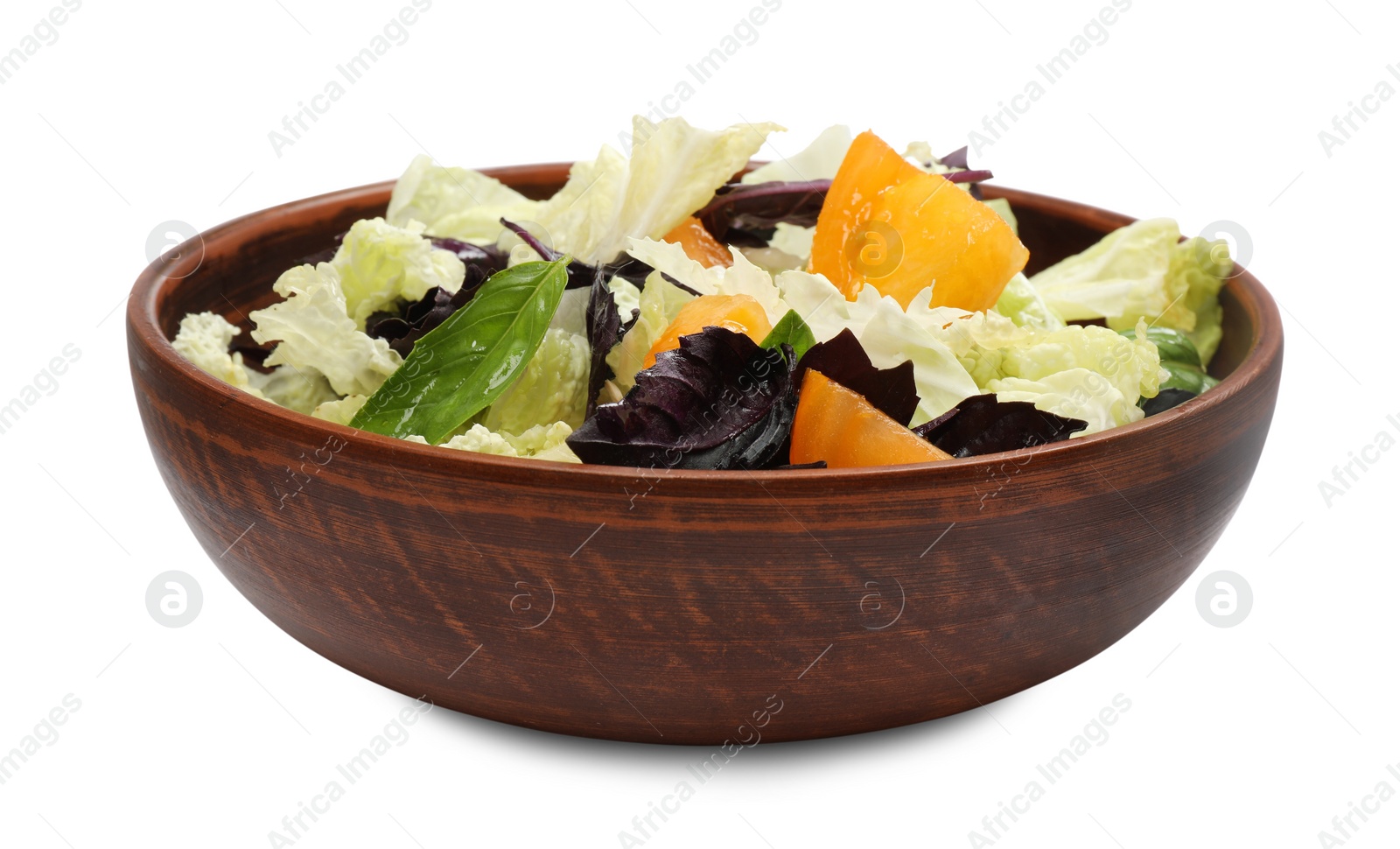 Photo of Delicious salad with Chinese cabbage, tomato and basil isolated on white