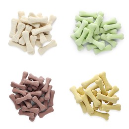 Image of Set with piles of different bone shaped dog cookies on white background, top view