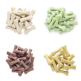 Set with piles of different bone shaped dog cookies on white background, top view