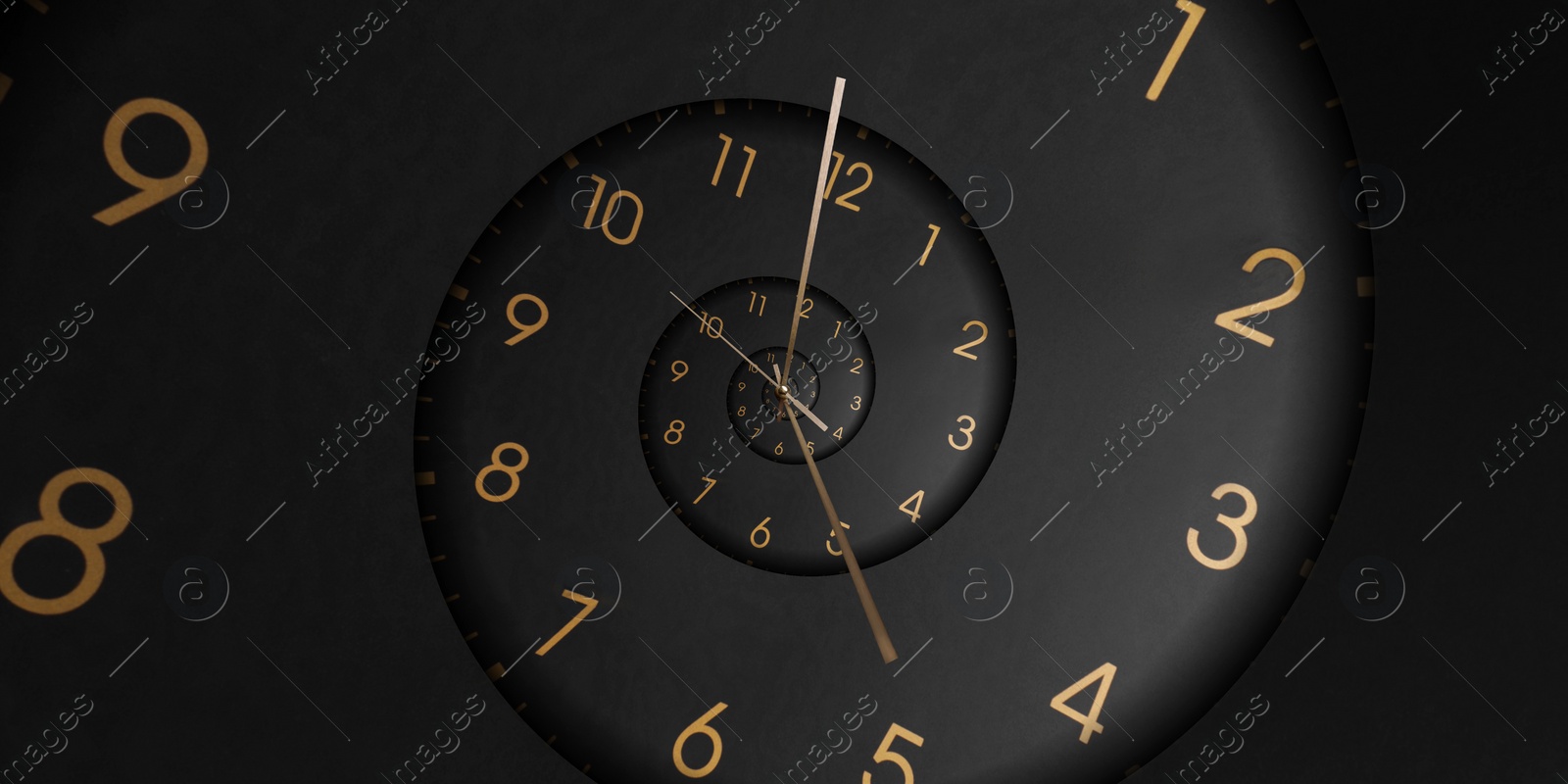 Image of Infinity and other time related concepts, banner design. Black clock face twisted in spiral, fractal pattern