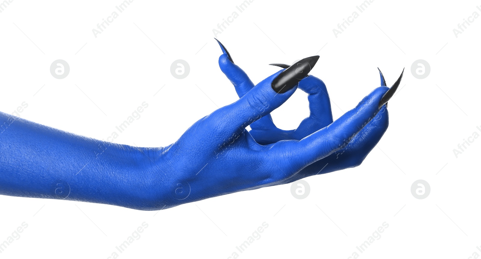 Image of Creepy monster. Blue hand with claws isolated on white