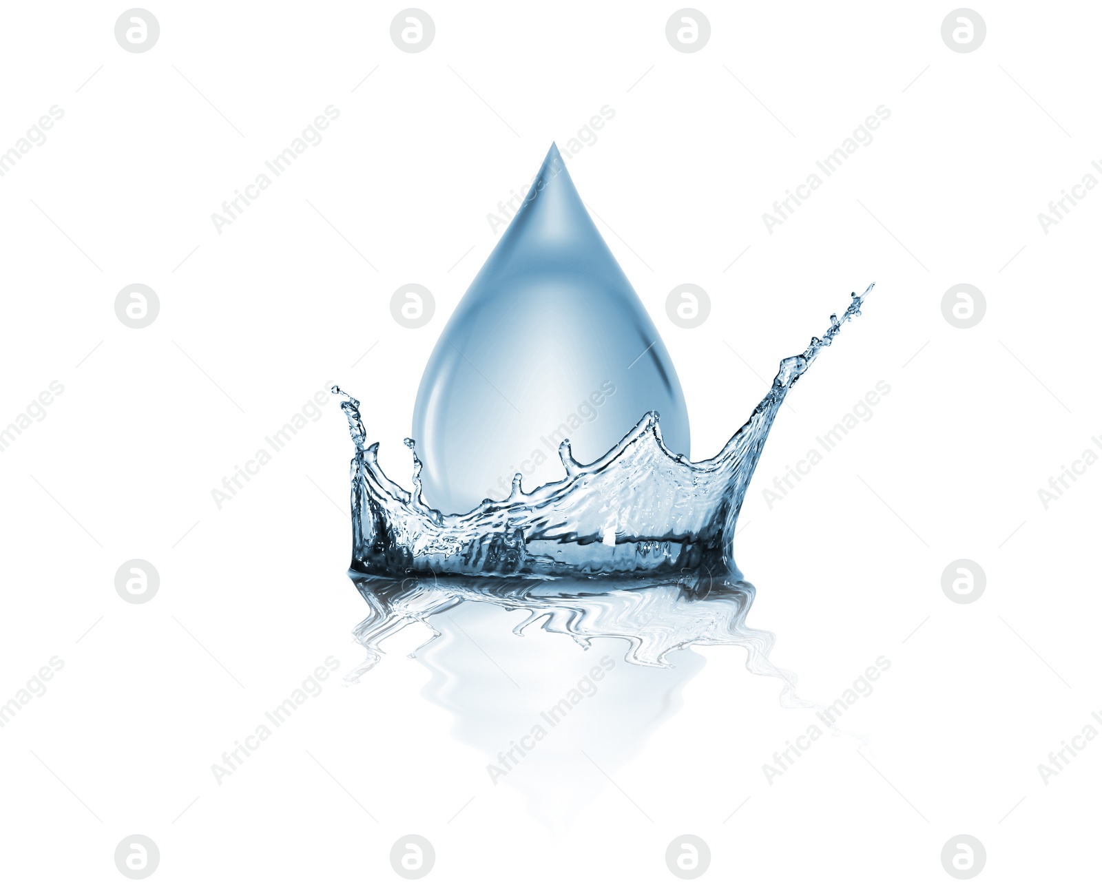 Image of Water drop falling into water on white background