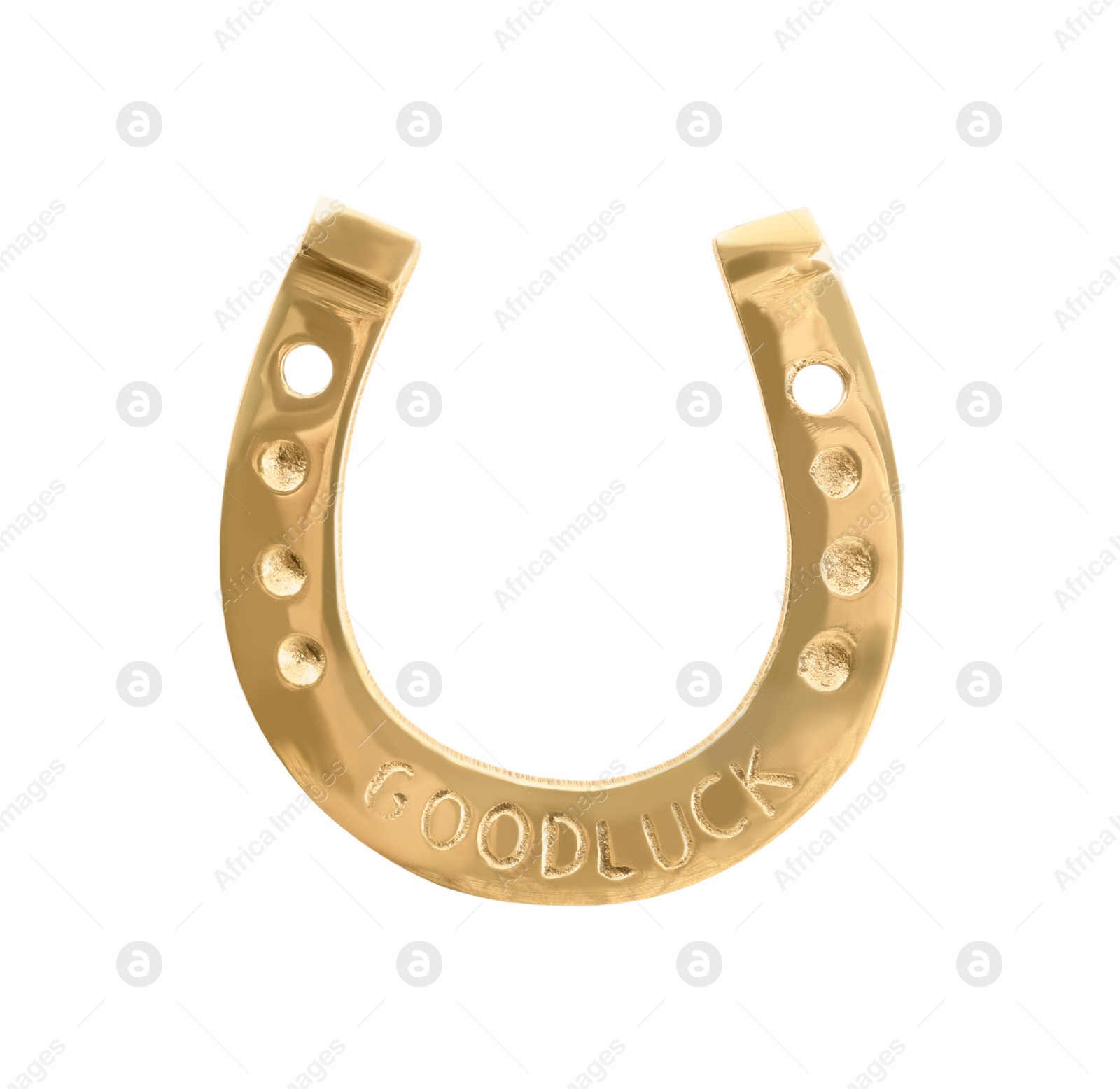 Photo of Golden horseshoe isolated on white, top view. Saint Patrick's Day celebration