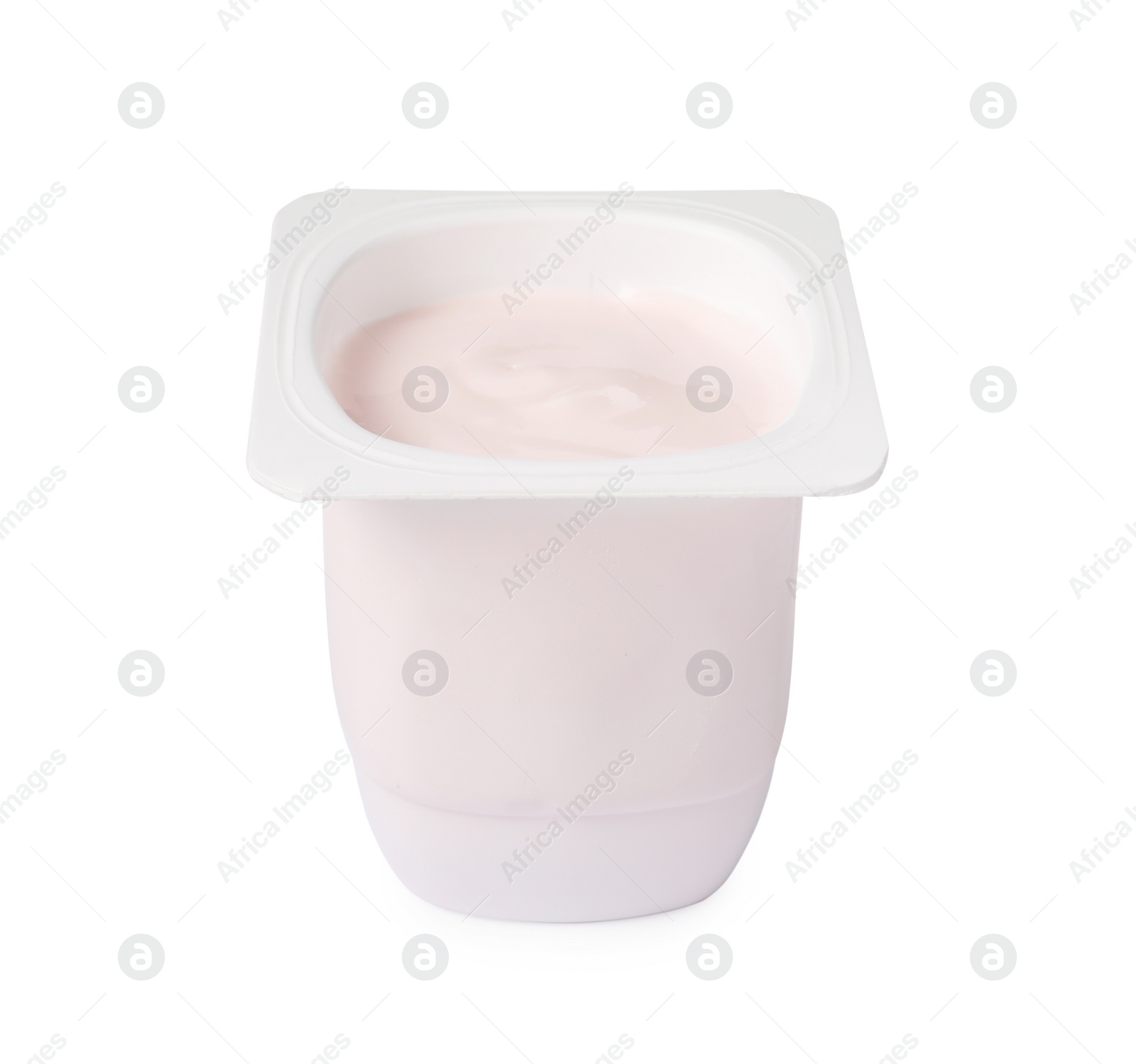 Photo of Plastic cup with delicious organic yogurt isolated on white