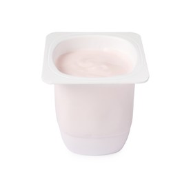 Photo of Plastic cup with delicious organic yogurt isolated on white