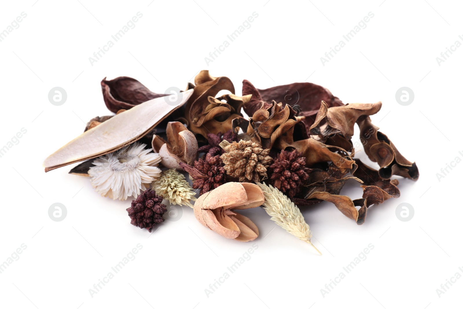 Photo of Aromatic potpourri of dried flowers on white background