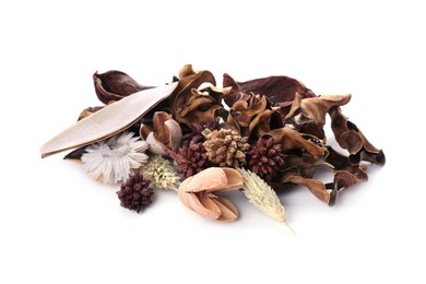 Photo of Aromatic potpourri of dried flowers on white background