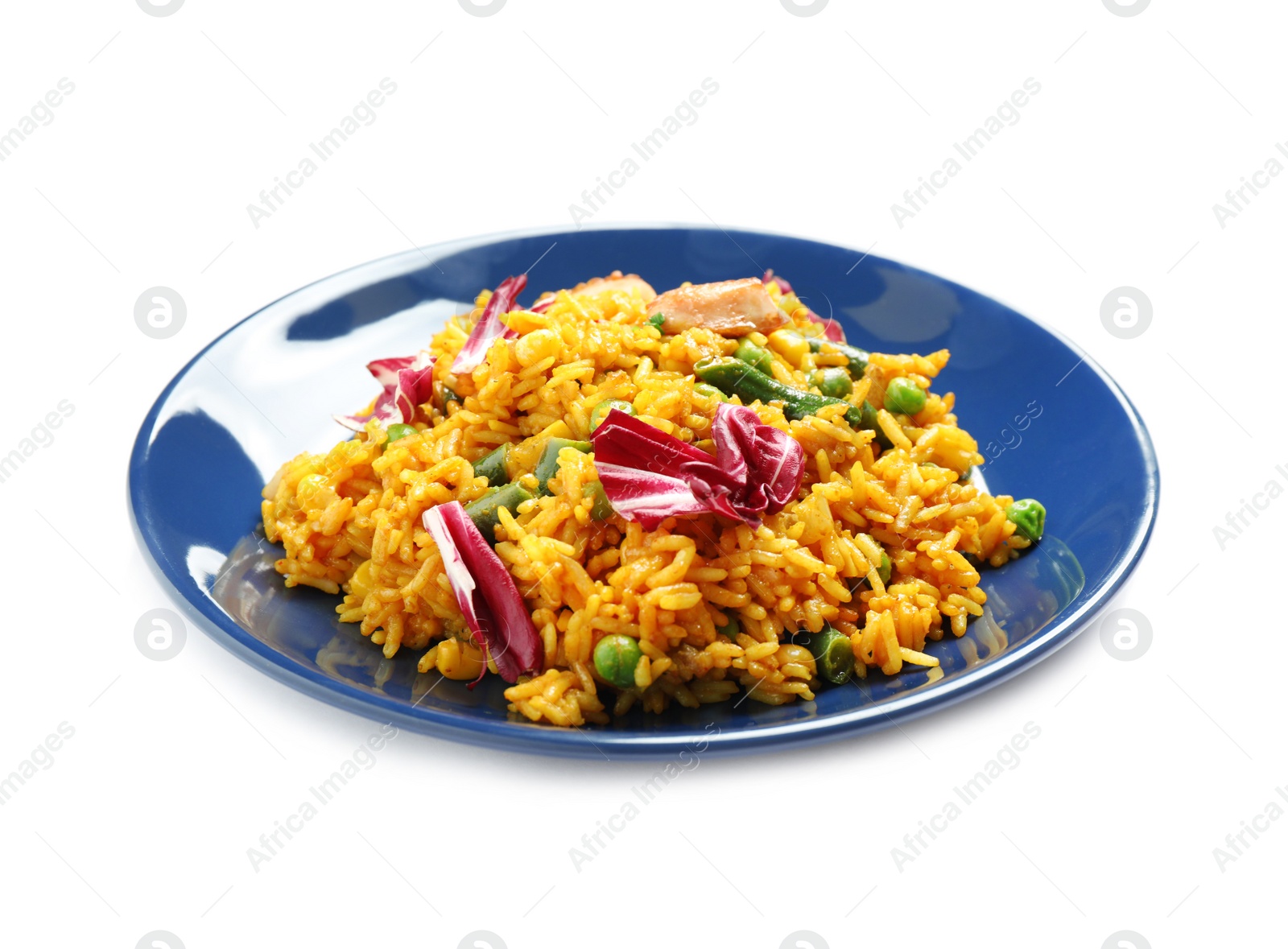 Photo of Delicious rice pilaf with vegetables isolated on white
