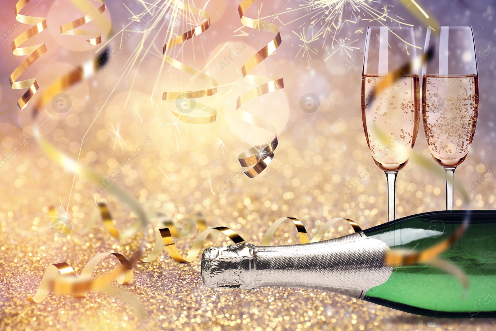 Image of Glasses and bottle of sparkling wine on bright festive background, banner design