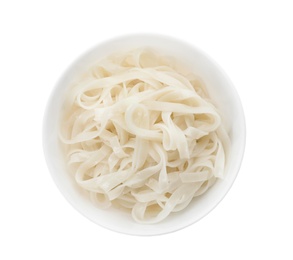 Photo of Bowl of rice noodles on white background, top view