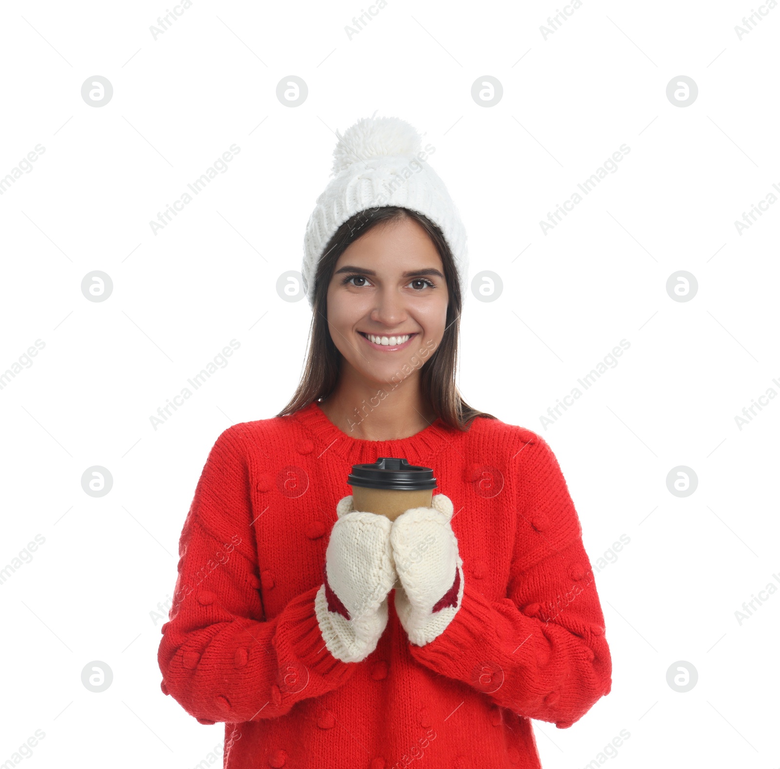 Photo of Happy beautiful woman with paper cup of mulled wine on white background