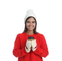 Happy beautiful woman with paper cup of mulled wine on white background