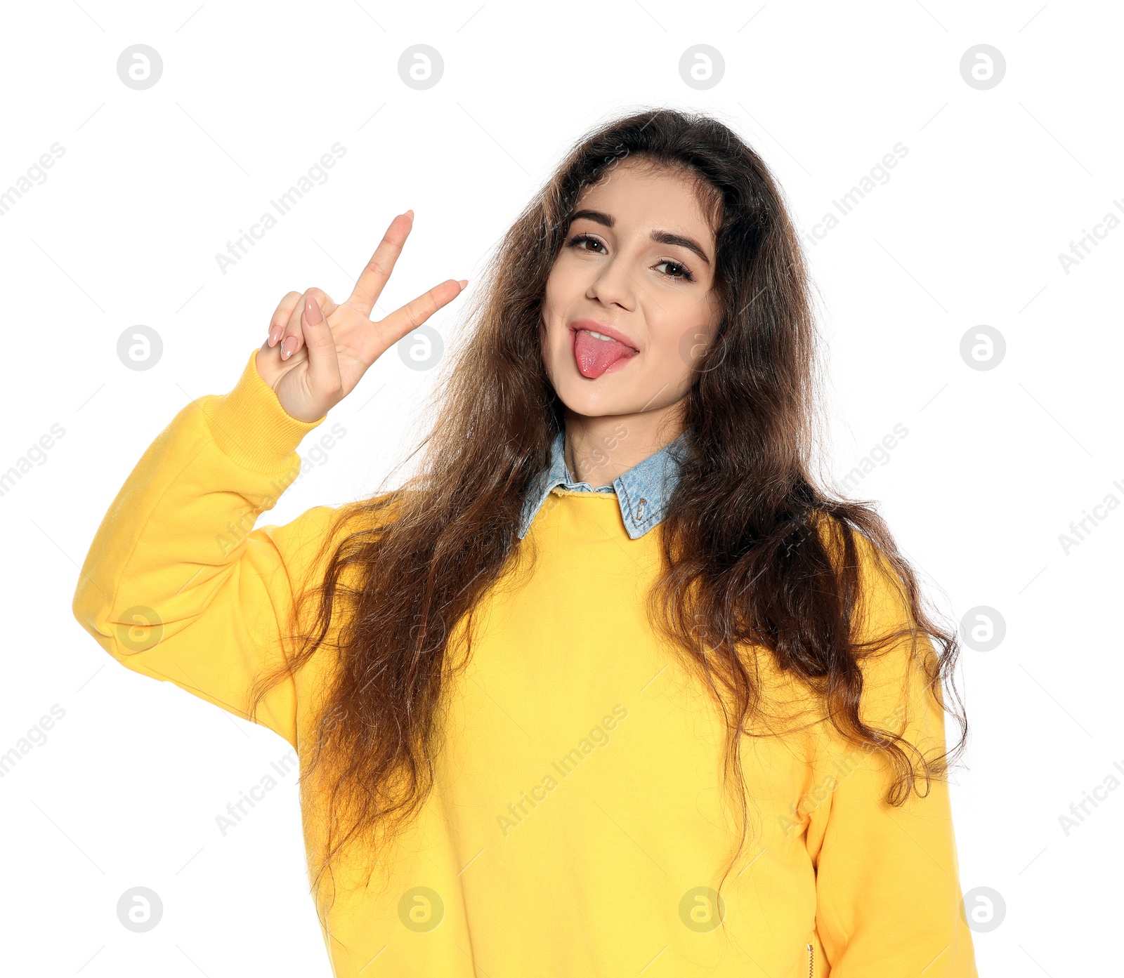 Photo of Beautiful young woman in stylish clothes on white background