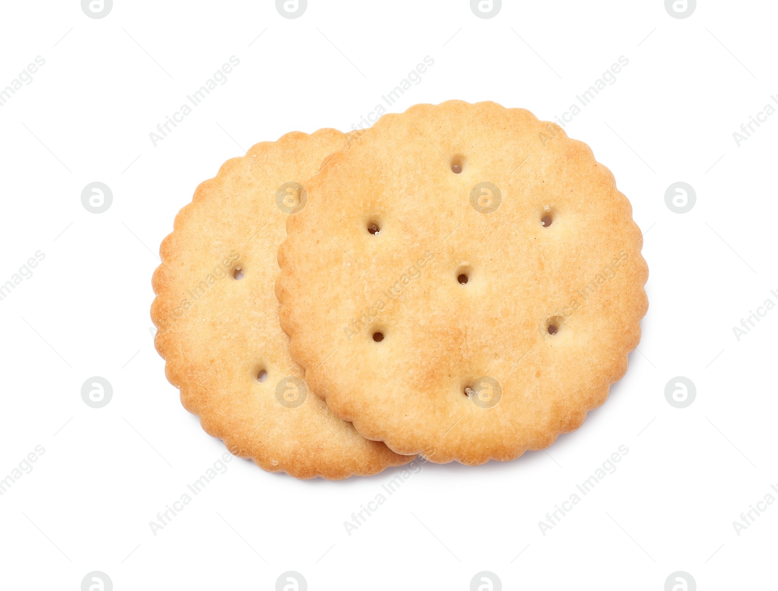 Photo of Two crispy crackers isolated on white, top view. Delicious snack