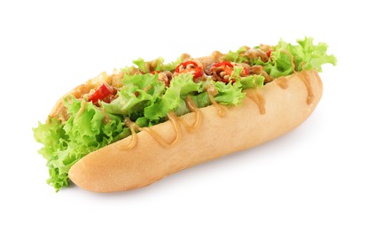 One tasty hot dog with chili, lettuce and sauce isolated on white