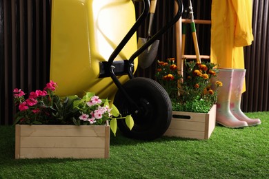 Photo of Wheelbarrow, blooming plants, gardening tools and accessories on green grass near wood slat wall