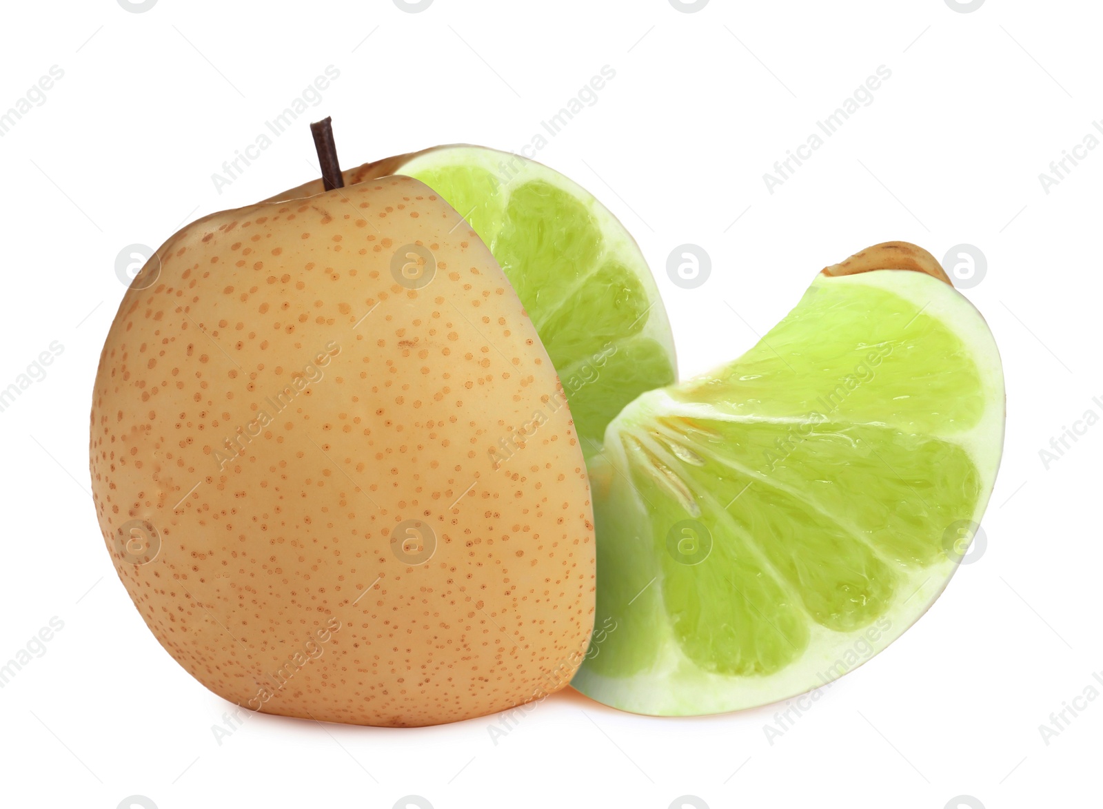 Image of Genetically modified apple pear with lime on white background