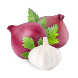 Image of Garlic, red onion bulbs and parsley isolated on white